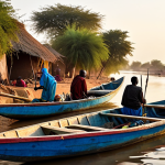 **

"A Malian fishing village along the Niger River at sunrise, with colorful pirogues on the water, villagers in modest clothing preparing for the day, safe for work, professional photography, perfect anatomy, natural proportions, high quality, family-friendly, fully clothed, appropriate content."

**