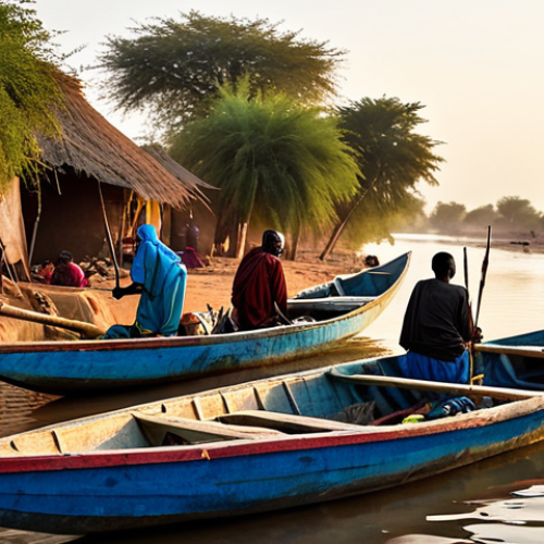 **

"A Malian fishing village along the Niger River at sunrise, with colorful pirogues on the water, villagers in modest clothing preparing for the day, safe for work, professional photography, perfect anatomy, natural proportions, high quality, family-friendly, fully clothed, appropriate content."

**