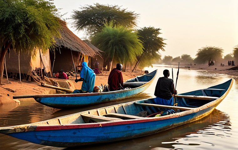 **
"A Malian fishing village along the Niger River at sunrise, with colorful pirogues on the water, villagers in modest clothing preparing for the day, safe for work, professional photography, perfect anatomy, natural proportions, high quality, family-friendly, fully clothed, appropriate content."
**