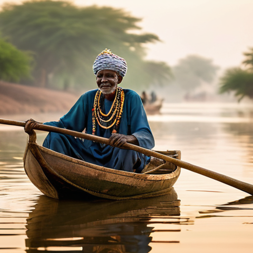말리에서의 낚시 문화 - A hyperrealistic, cinematic photograph captures an elderly Malian Bozo fisherman, his face etched wi...