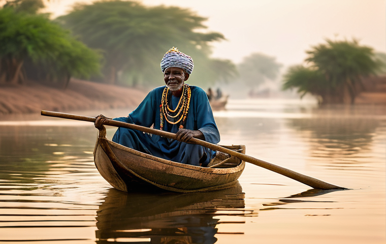 말리에서의 낚시 문화 - A hyperrealistic, cinematic photograph captures an elderly Malian Bozo fisherman, his face etched wi...