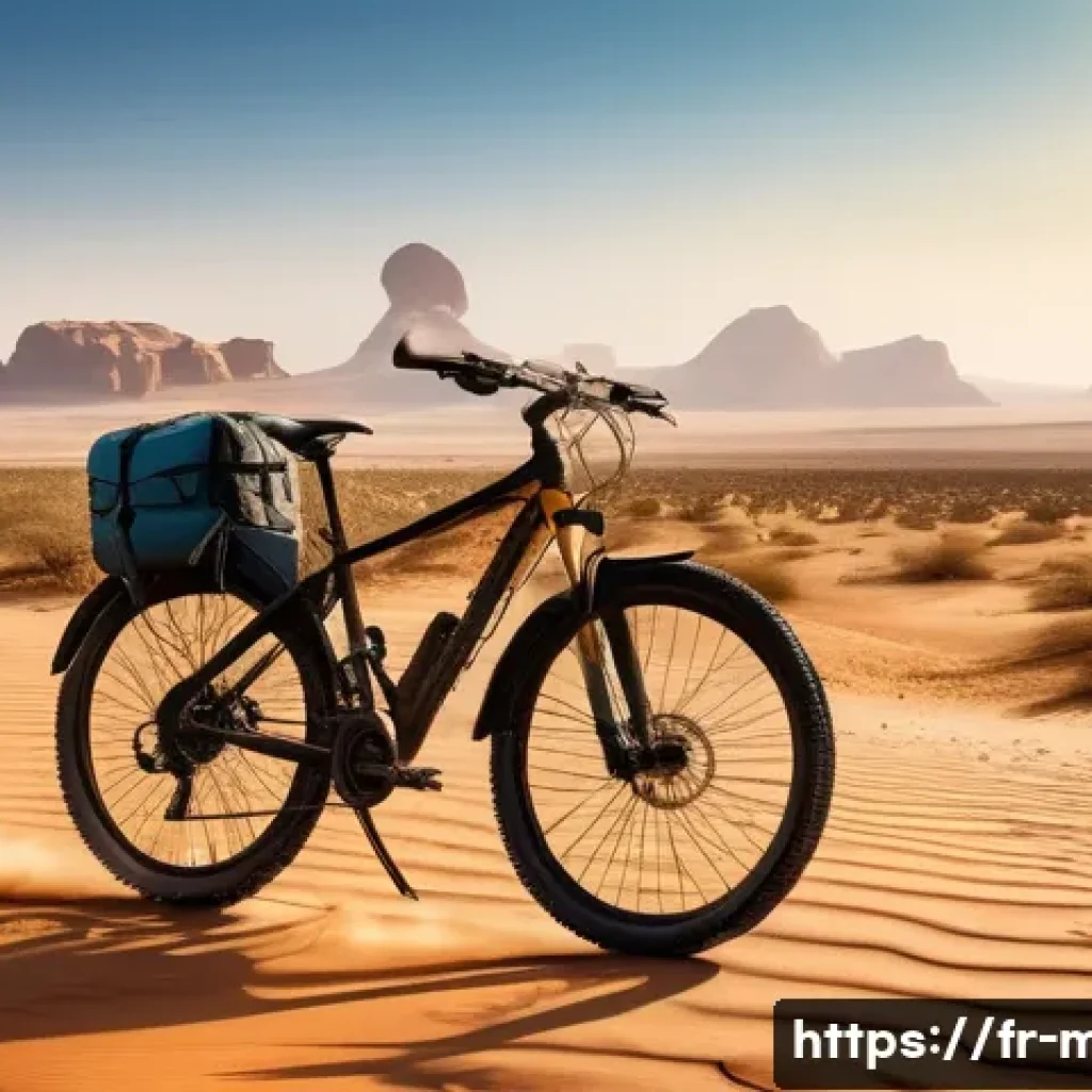 말리에서의 자전거 여행 - A rugged mountain bike with wide tires and sturdy frame, loaded with waterproof saddlebags, parked o...