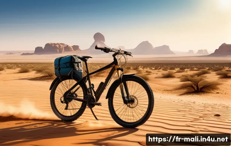 말리에서의 자전거 여행 - A rugged mountain bike with wide tires and sturdy frame, loaded with waterproof saddlebags, parked o...