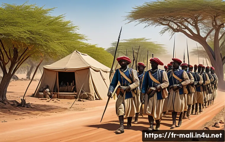 말리 프랑스 식민지 역사 - A detailed historical scene depicting the French colonial military campaign in late 19th century Mal...