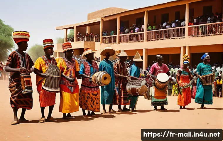 말리 전통 춤과 공연 - A vibrant scene of traditional Bambara dancers performing outdoors during a community festival in Ma...