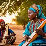 Home 19 말리에서 유명한 시인들 - A vibrant Malian griot performing outdoors at sunset, dressed in colorful traditional West African a...