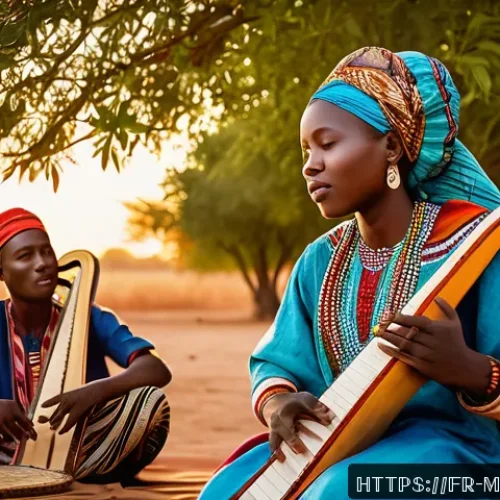 Home 31 말리에서 유명한 시인들 - A vibrant Malian griot performing outdoors at sunset, dressed in colorful traditional West African a...