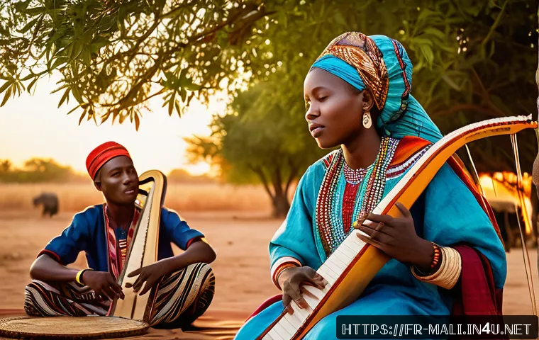 말리에서 유명한 시인들 - A vibrant Malian griot performing outdoors at sunset, dressed in colorful traditional West African a...