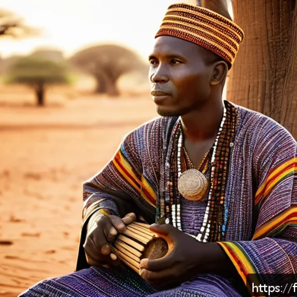 말리 음악과 전통 악기 - A detailed portrait of a Malian griot playing a traditional ngoni, the ancient West African string i...