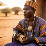 Home 18 말리 음악과 전통 악기 - A detailed portrait of a Malian griot playing a traditional ngoni, the ancient West African string i...