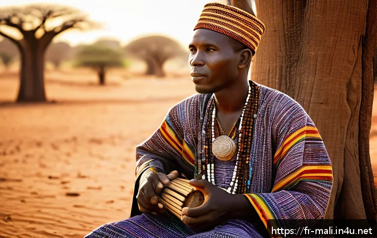 말리 음악과 전통 악기 - A detailed portrait of a Malian griot playing a traditional ngoni, the ancient West African string i...