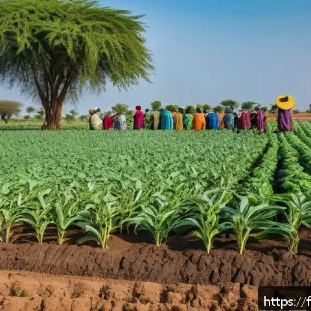 말리에서의 기후 변화 대응 전략 - A vibrant rural Malian farm scene showcasing agroecological practices: farmers planting millet and c...
