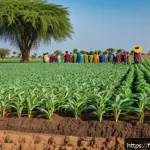 Home 23 말리에서의 기후 변화 대응 전략 - A vibrant rural Malian farm scene showcasing agroecological practices: farmers planting millet and c...