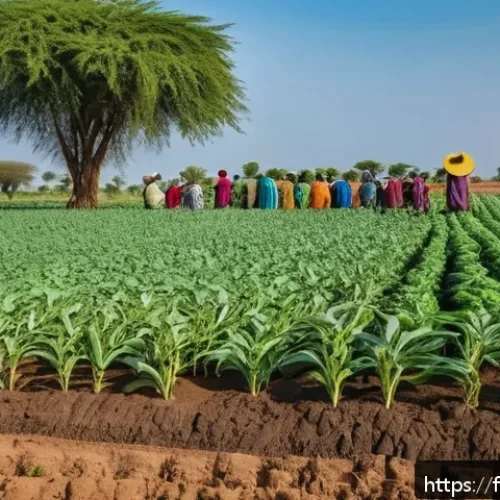 Home 17 말리에서의 기후 변화 대응 전략 - A vibrant rural Malian farm scene showcasing agroecological practices: farmers planting millet and c...