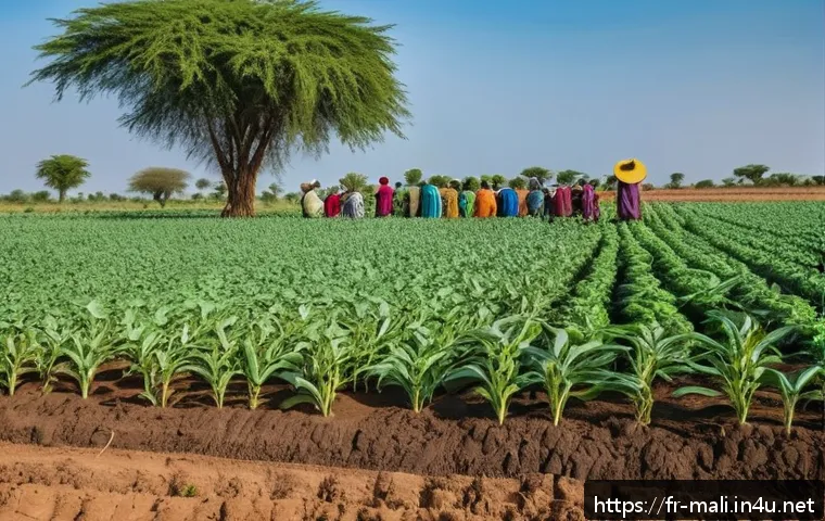 말리에서의 기후 변화 대응 전략 - A vibrant rural Malian farm scene showcasing agroecological practices: farmers planting millet and c...