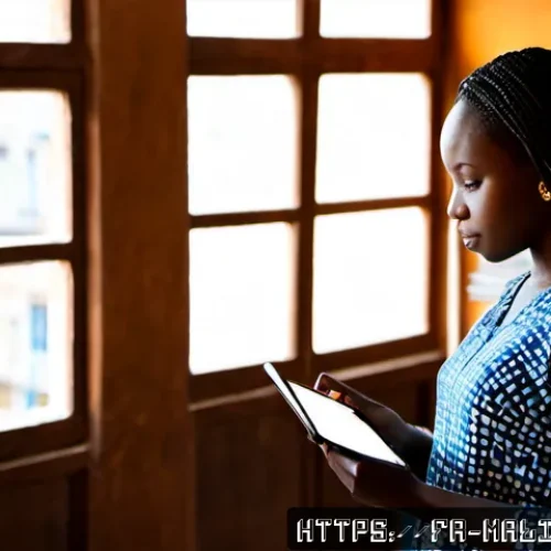Home 17 말리의 현대 문학과 저널리즘 - Photorealistic editorial scene in a contemporary Bamako newsroom, a Malian woman journalist in elega...