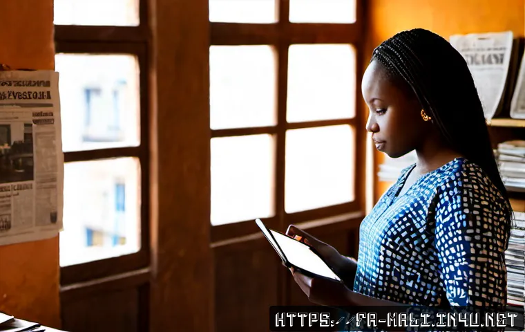말리의 현대 문학과 저널리즘 - Photorealistic editorial scene in a contemporary Bamako newsroom, a Malian woman journalist in elega...