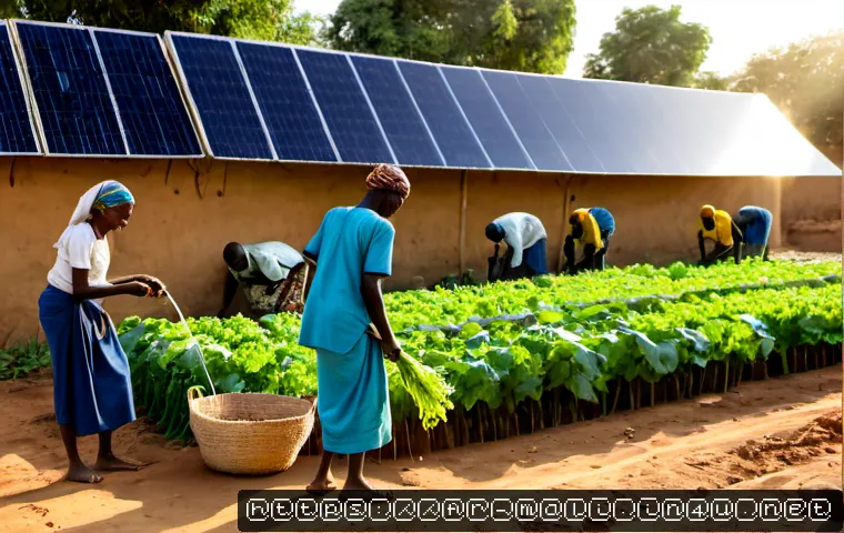 Home 13 말리의 빈곤 문제 해결 노력 - Photorealistic rural Mali community farming project at sunrise, Malian women and men tending neat ir...