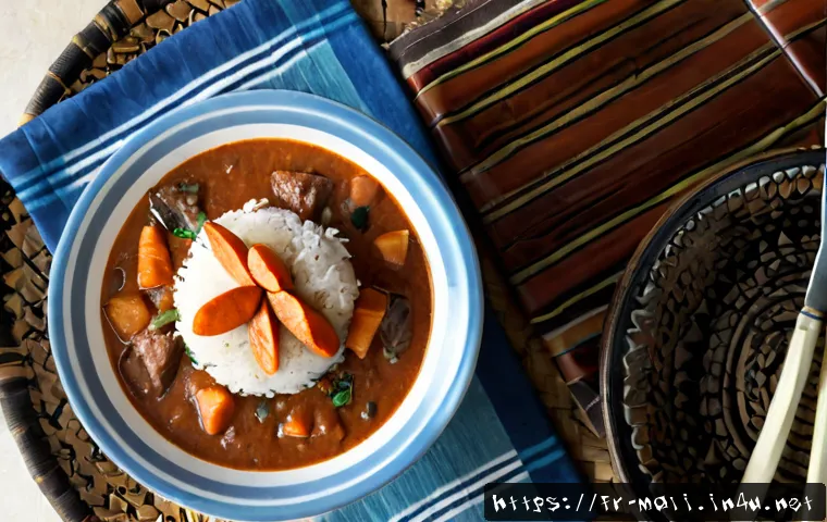 Home 15 말리에서 먹어야 할 음식 - Photorealistic overhead food scene featuring a traditional Malian tigadèguèna peanut stew in a handm...